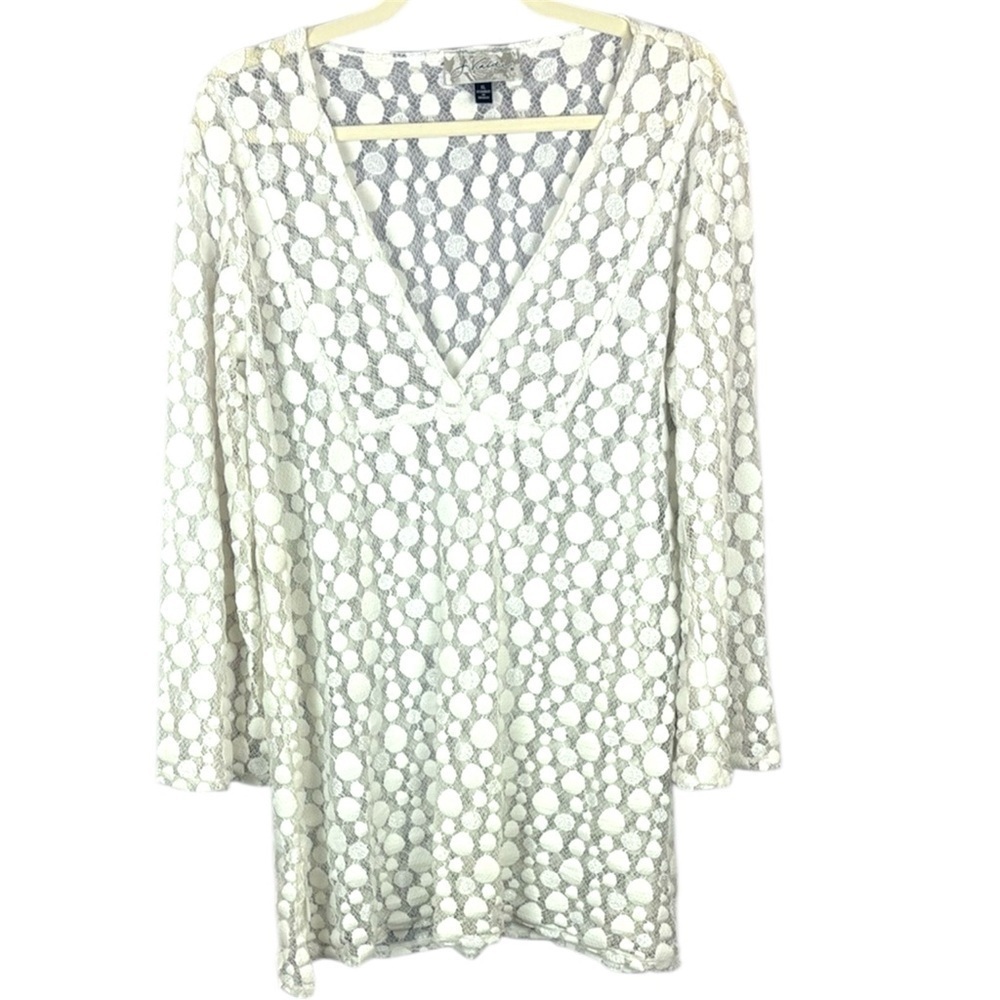 J. Valdi White Polka Dot Lace Long Sleeve Top Size XL